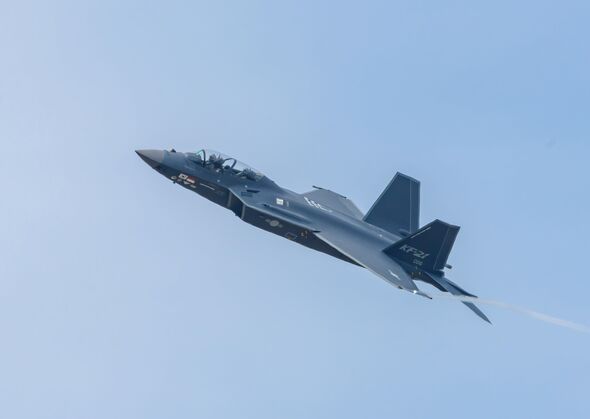 South Korea's under-development fighter jet KF-21 stages an aerial demonstration during the Seoul International Aerospace and Defense Exhibition (ADEX