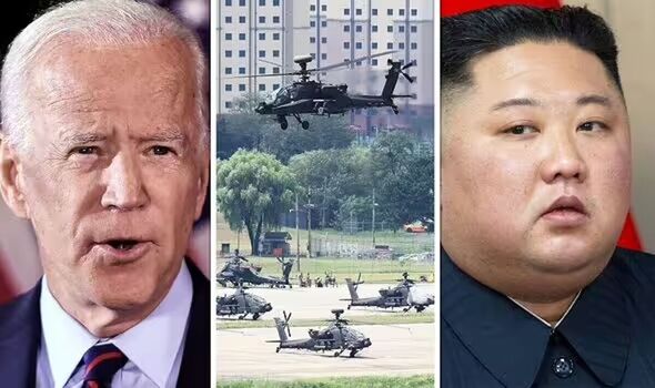 A composite of Biden, fighter jets, and North Korean leader Kim Jong Un