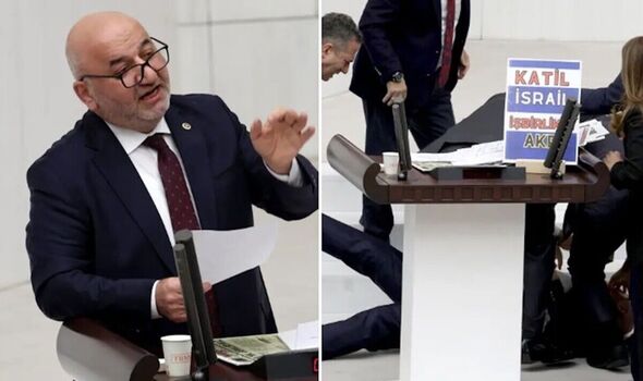 Photo of Hasan Bitmez speaking next to a photo of him falling behind the podium